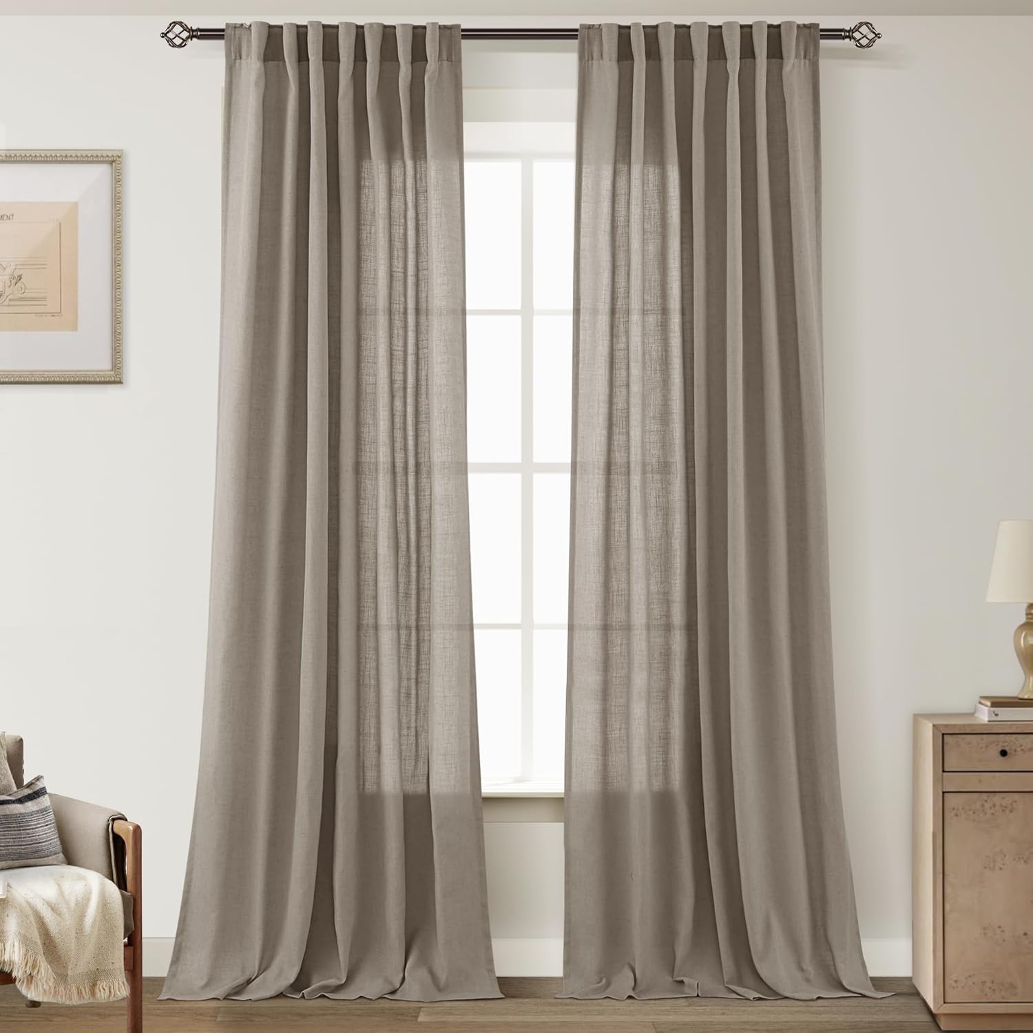 Taupe Linen Curtains 108 inches Long for Rustic Farmhouse Style