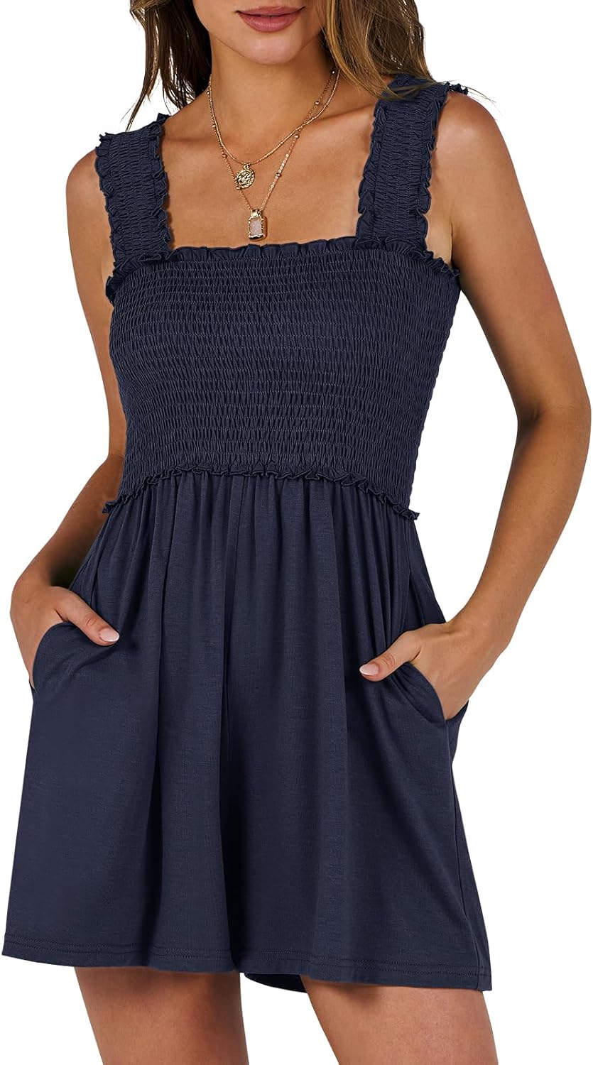 Caracilia Women's Summer Casual Smocked Rompers for Beach Fun