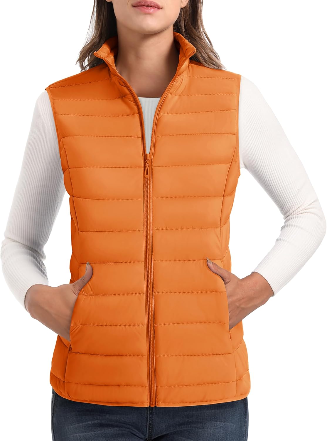 Lightweight Stand Collar Puffer Vest for Women with 4 Pockets