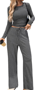 CHYRII Womens Two Piece Striped Long Sleeve Tops Wide Leg Pants Set