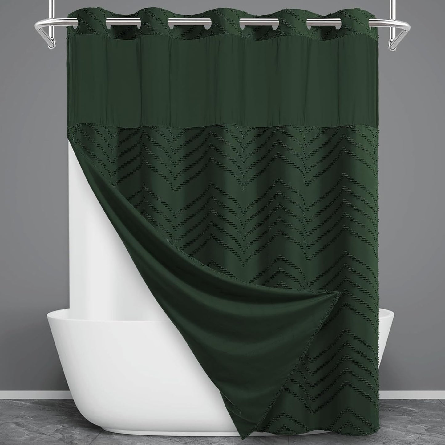 Extra Long No Hook Shower Curtain Set with Tufted Chevron Design