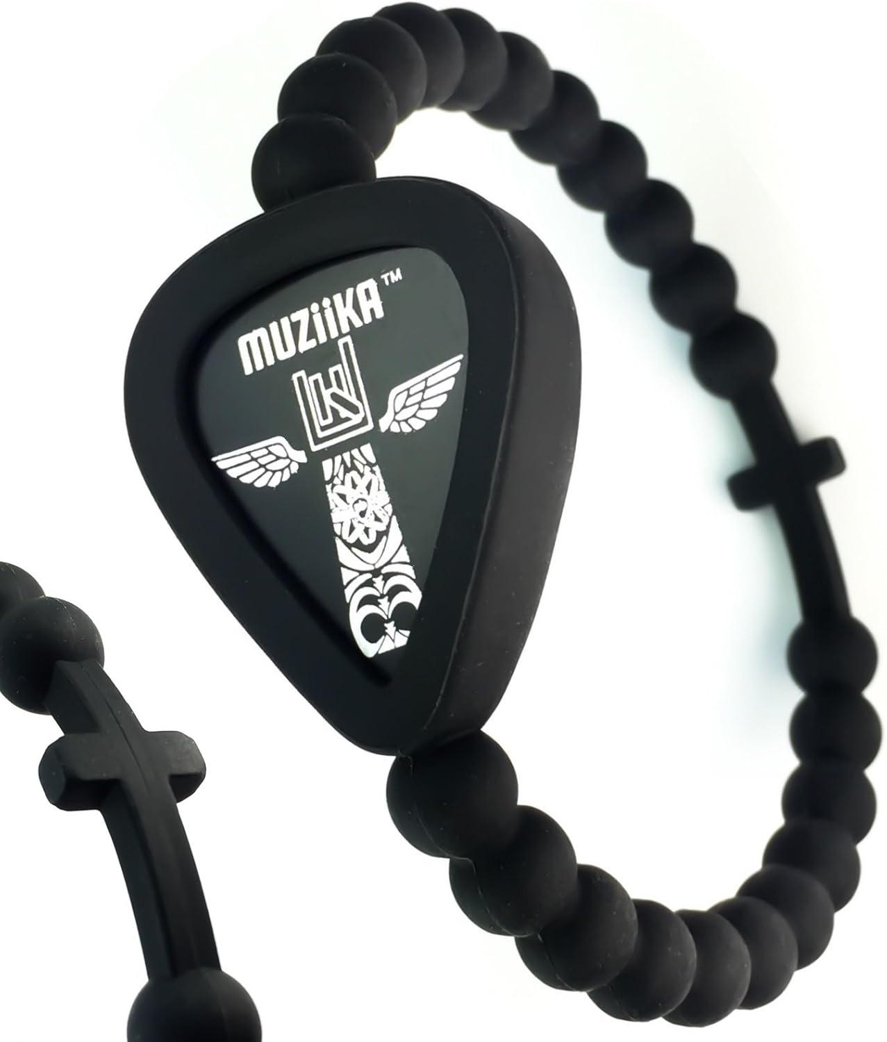 MUZiiKA Guitar Pick Bracelet - Epic Black, Holds 4 Picks, Cross Beaded Design