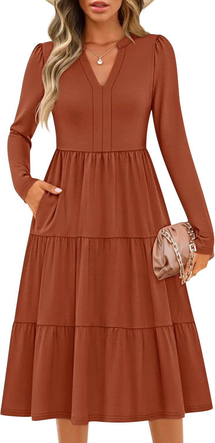 Stylish Long Sleeve Fall Dresses for Women - Casual V Neck