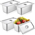 4 Pack 1/3 Size x 6 in Stainless Steel Hotel Pans with Lids - Durable