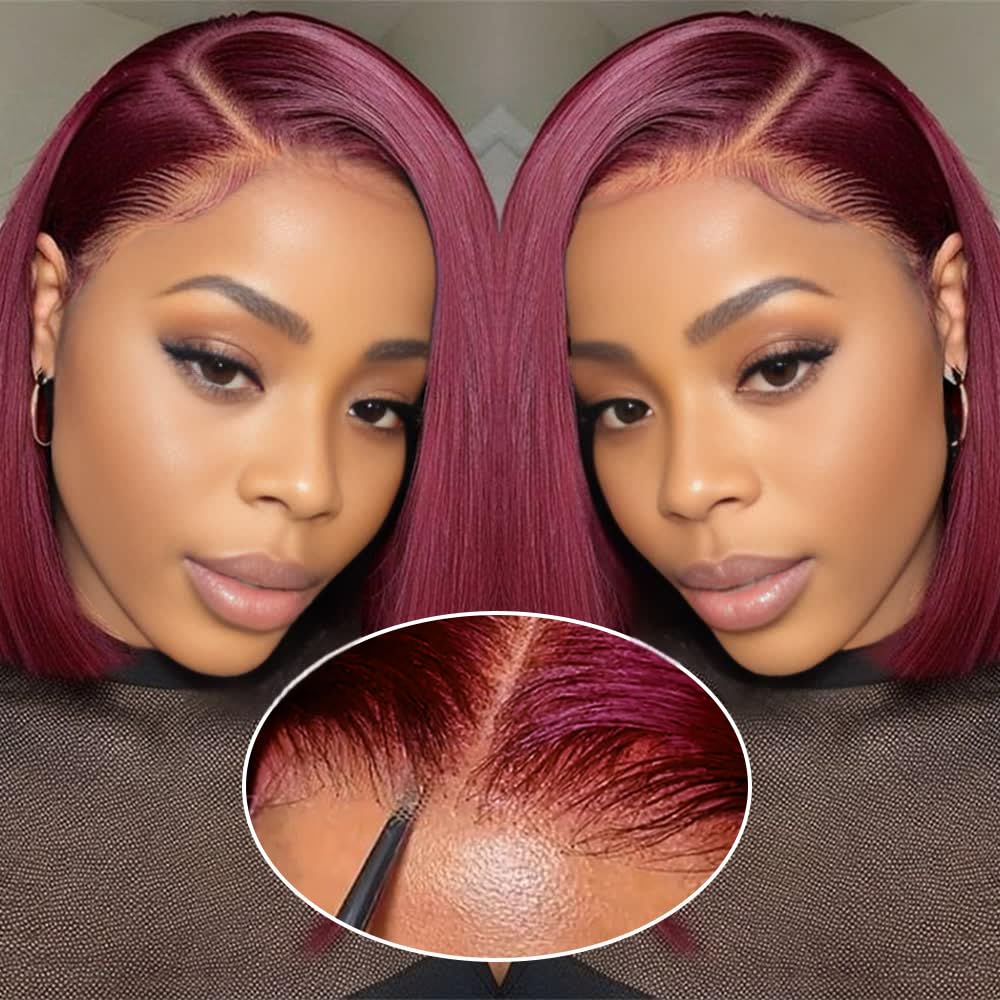 Bob Wig Human Hair Glueless 99J Burgundy 14 Inch for Women