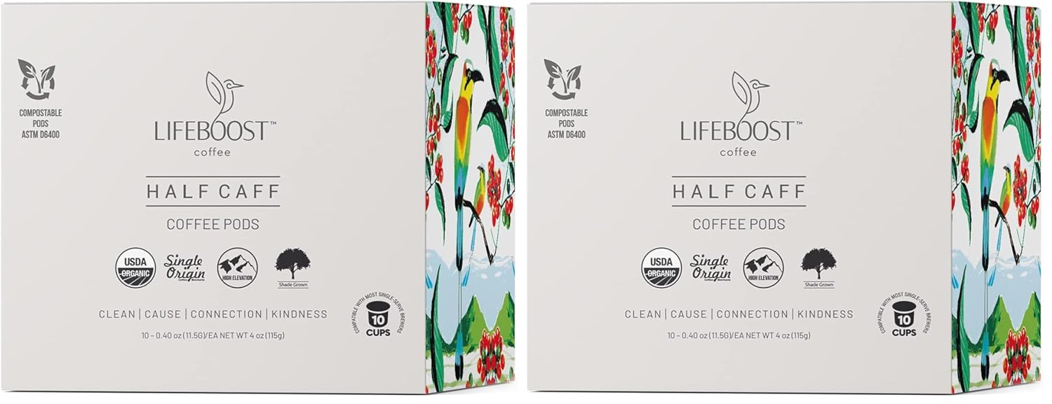 Lifeboost Half Caff Coffee K Cups - Low Acid Pods for Keurig