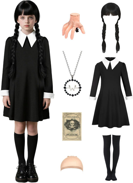 Kids Black Dress Costume Set for Girls 3-14 Years with Wig