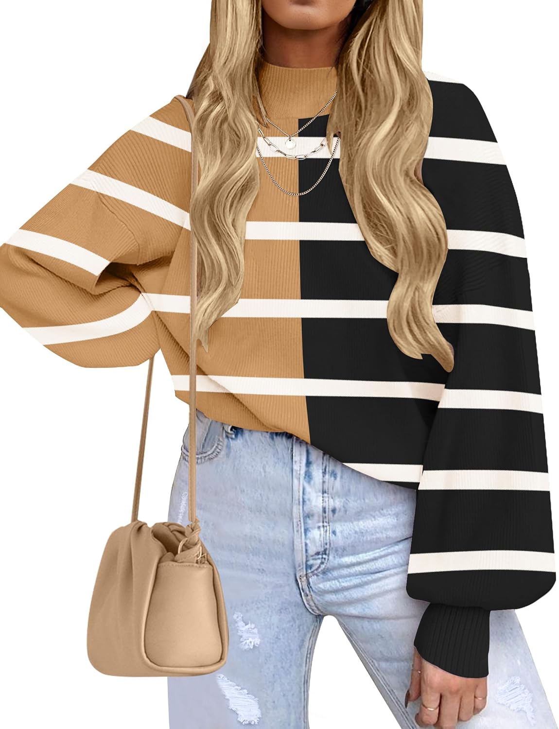 Stylish Turtleneck Long Sleeve Striped Pullover Sweater Tops