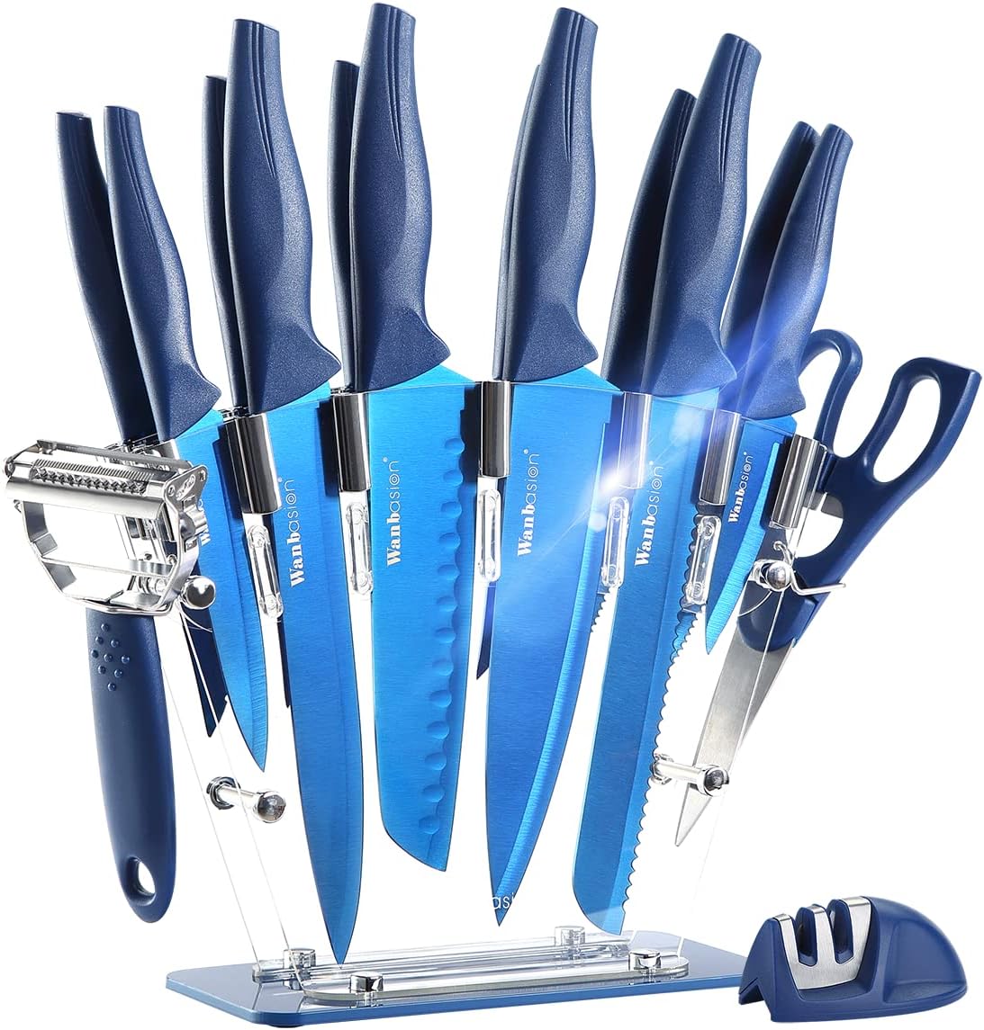 Wanbasion 16pcs Blue Kitchen Knife Set with Block for Chefs