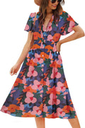 Women's Floral Button Up Split Midi Dress - Flattering Boho Vibe