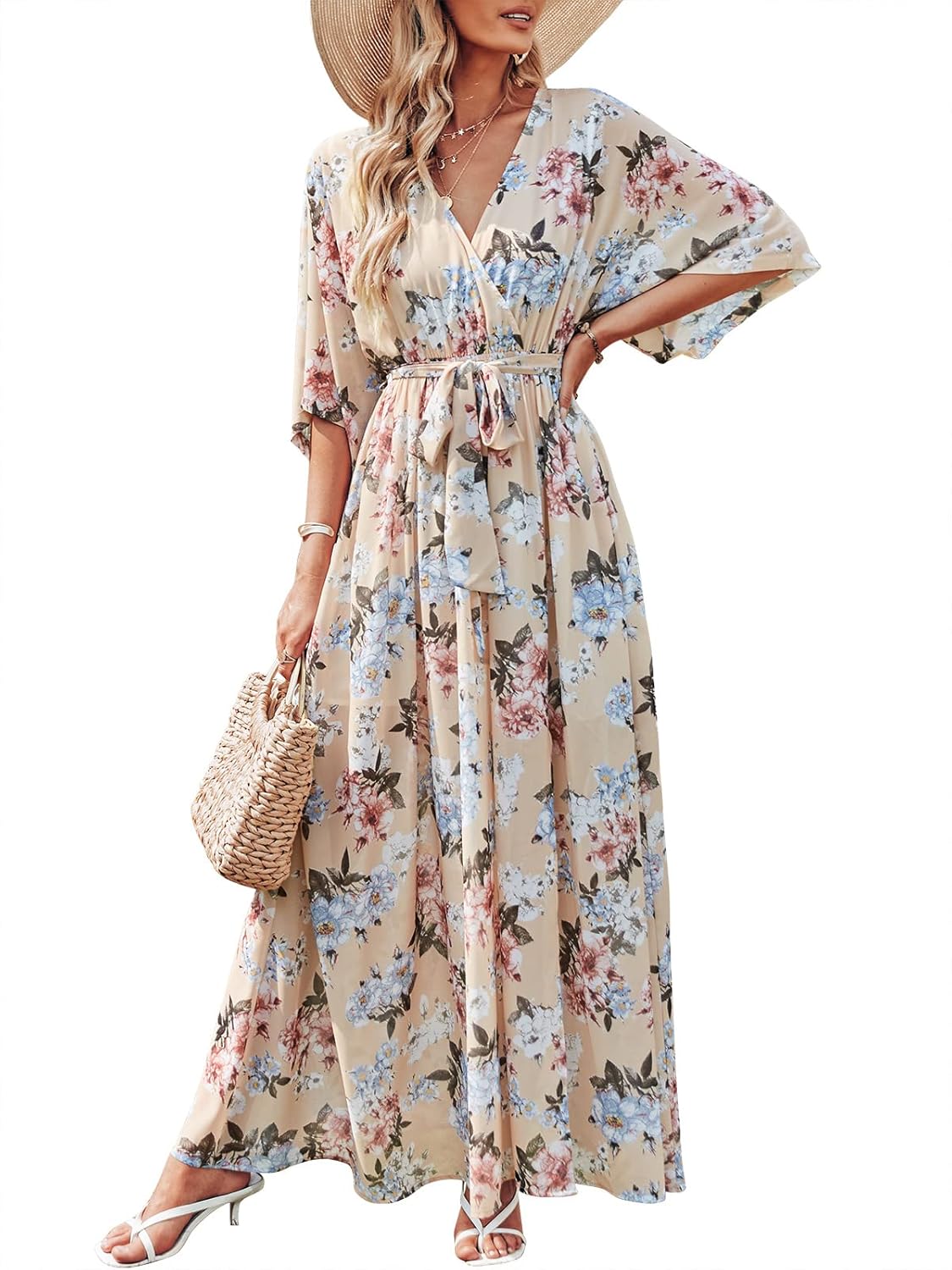 Womens Summer Loose Boho Flowy Wrap V Neck Maxi Dress