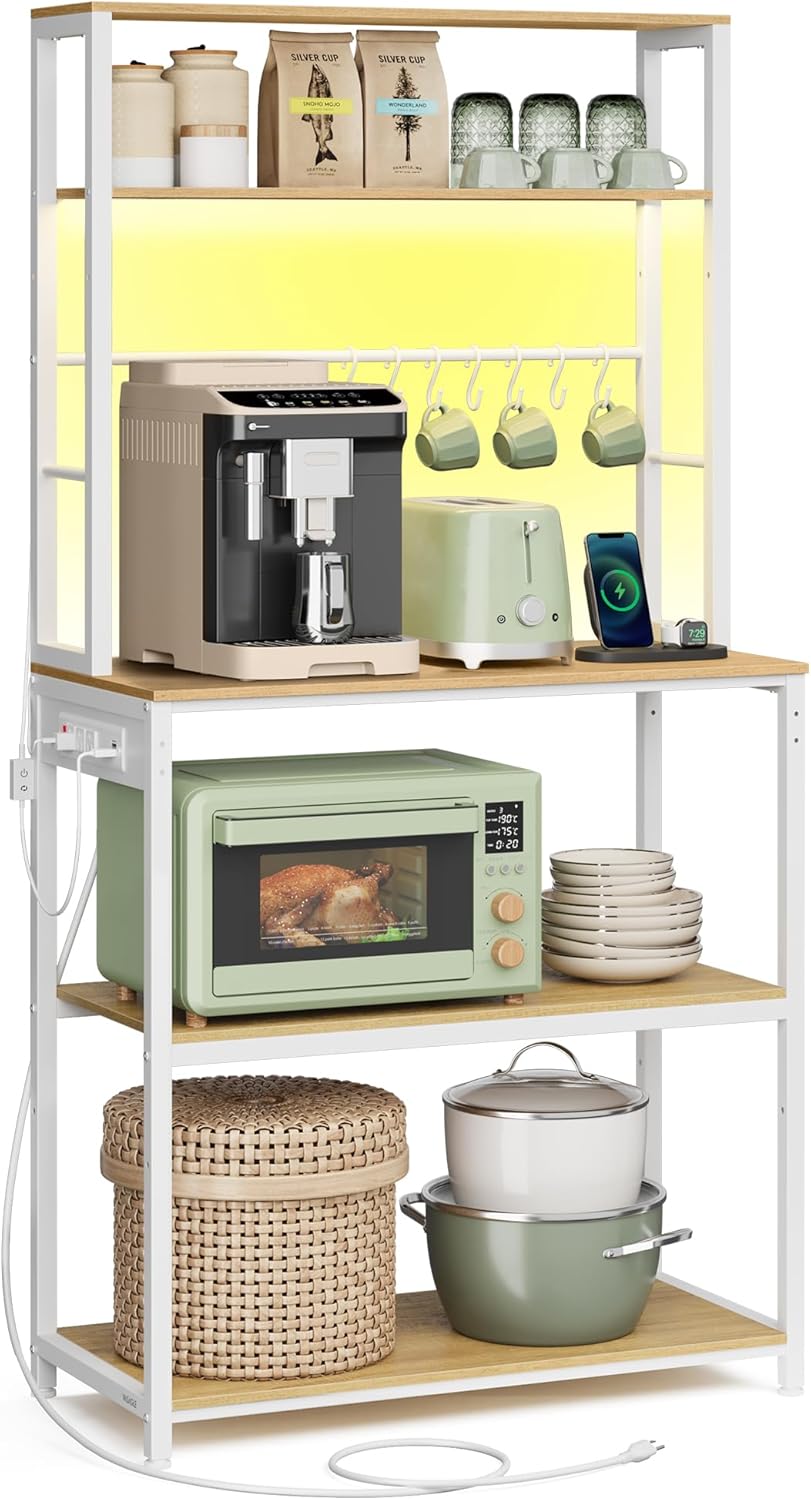 VASAGLE Coffee Bar with LED Lights & Outlet, Adjustable Shelves, Hooks - Golden Oak