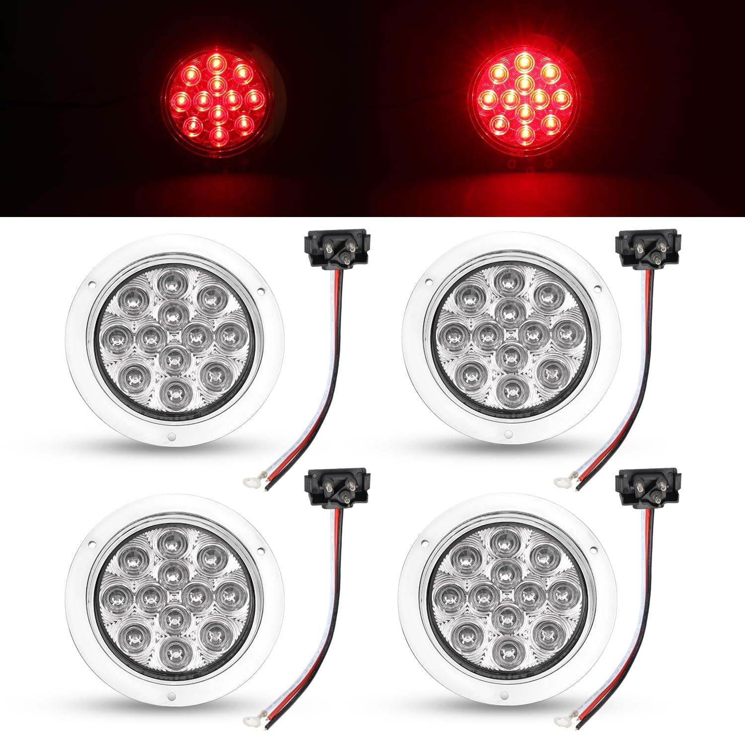 Clear Lens Red LED 4 Inch Round Trailer Tail Lights - Pack of 4