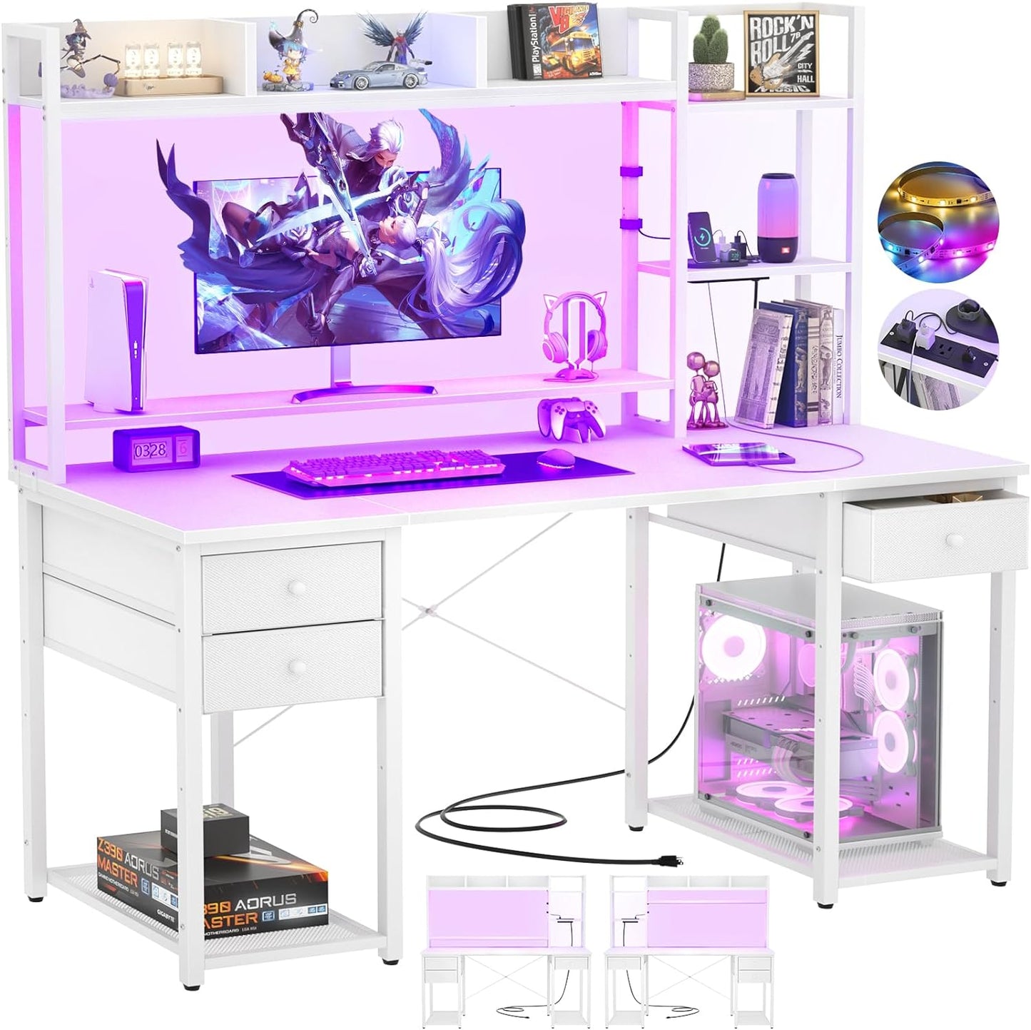 47.2'' Reversible Gaming Desk with LED & Storage