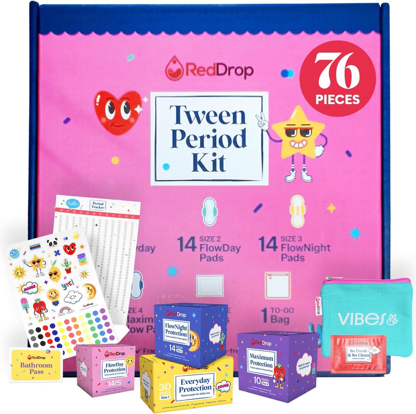 RedDrop Tween Period Kit - 76 Pieces for Girls 9-12 Years