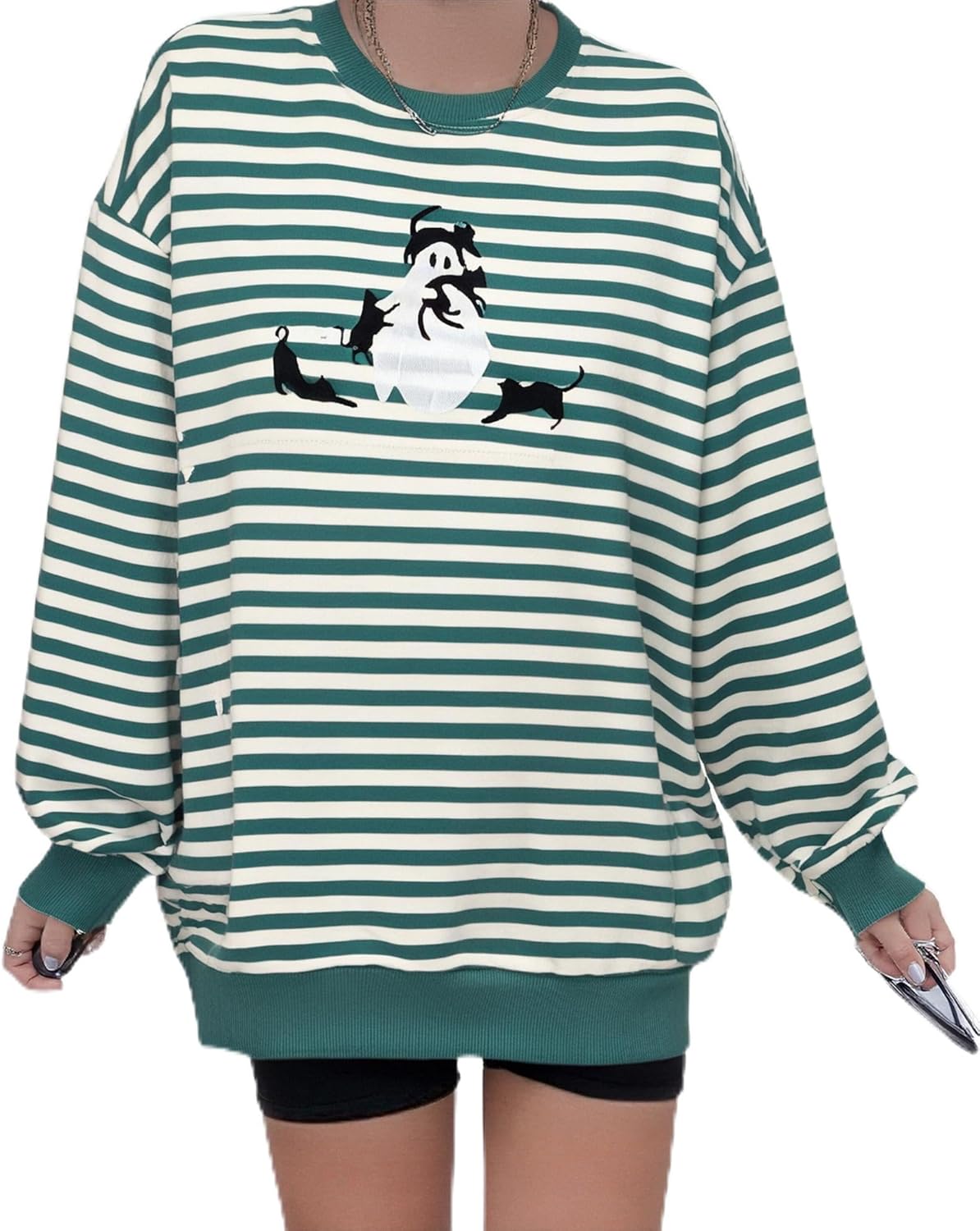 Halloween Spooky Season Sweatshirt Women: Oversized Black Cat Ghost
