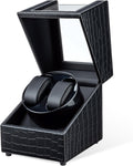 Double Watch Winder Box Black Crocodile Pattern Leather - Dual Slot