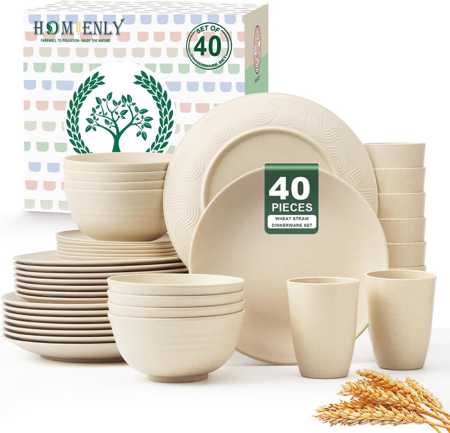 Wheat Straw Dinnerware Set for 8 - Unbreakable Kitchen Plates