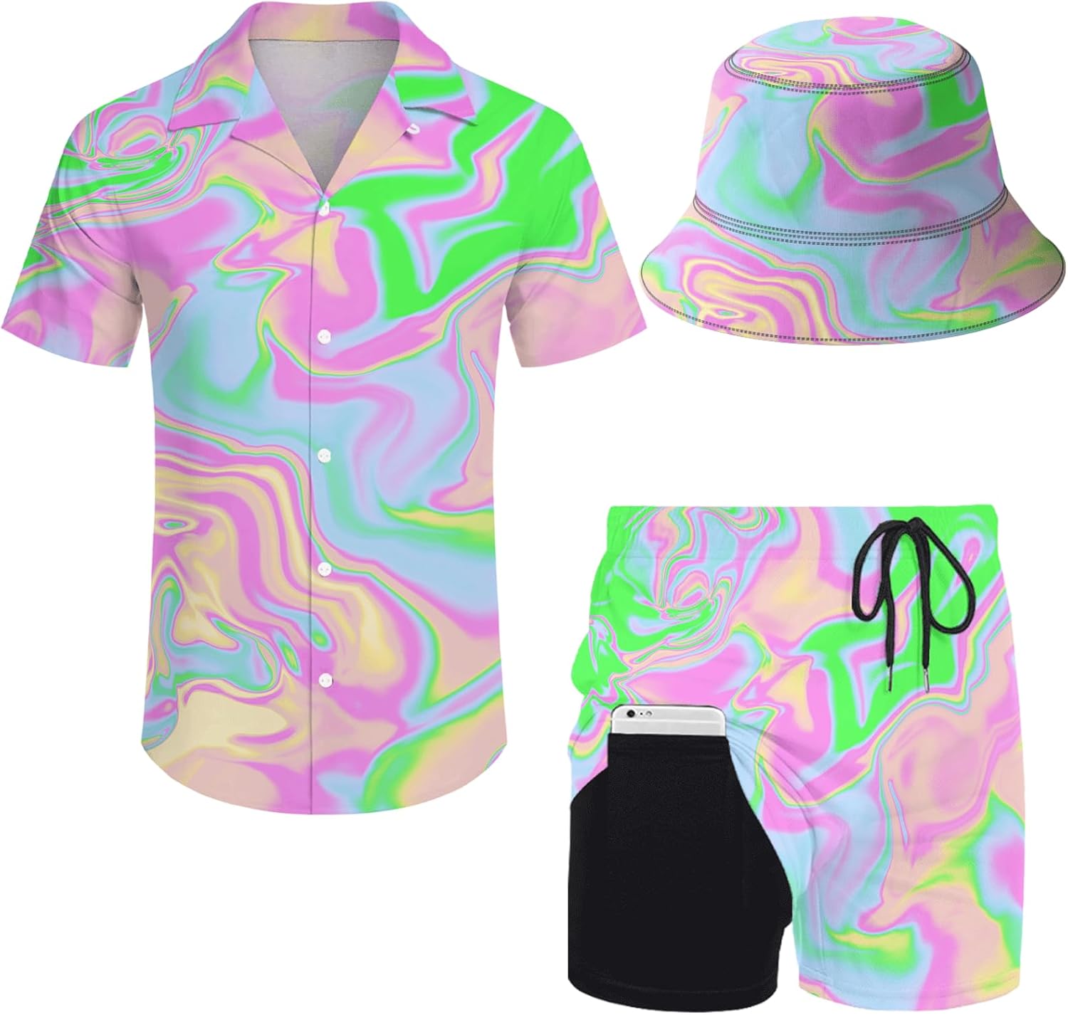 Mens 2 Piece Tracksuit Hawaiian Button Down Shirt Set with Hat
