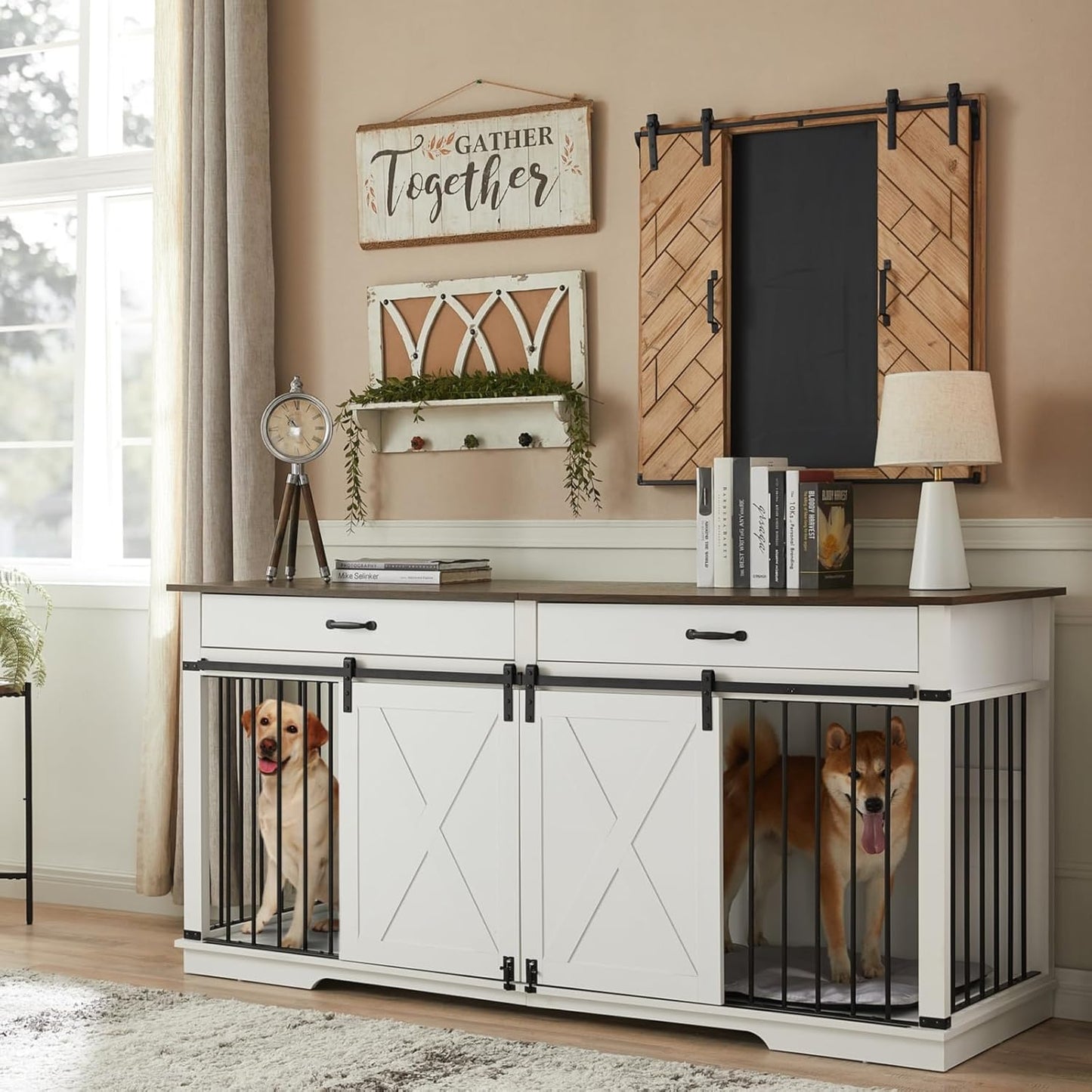 Large Dog Crate Furniture for 2 Dogs with Barn Door Design