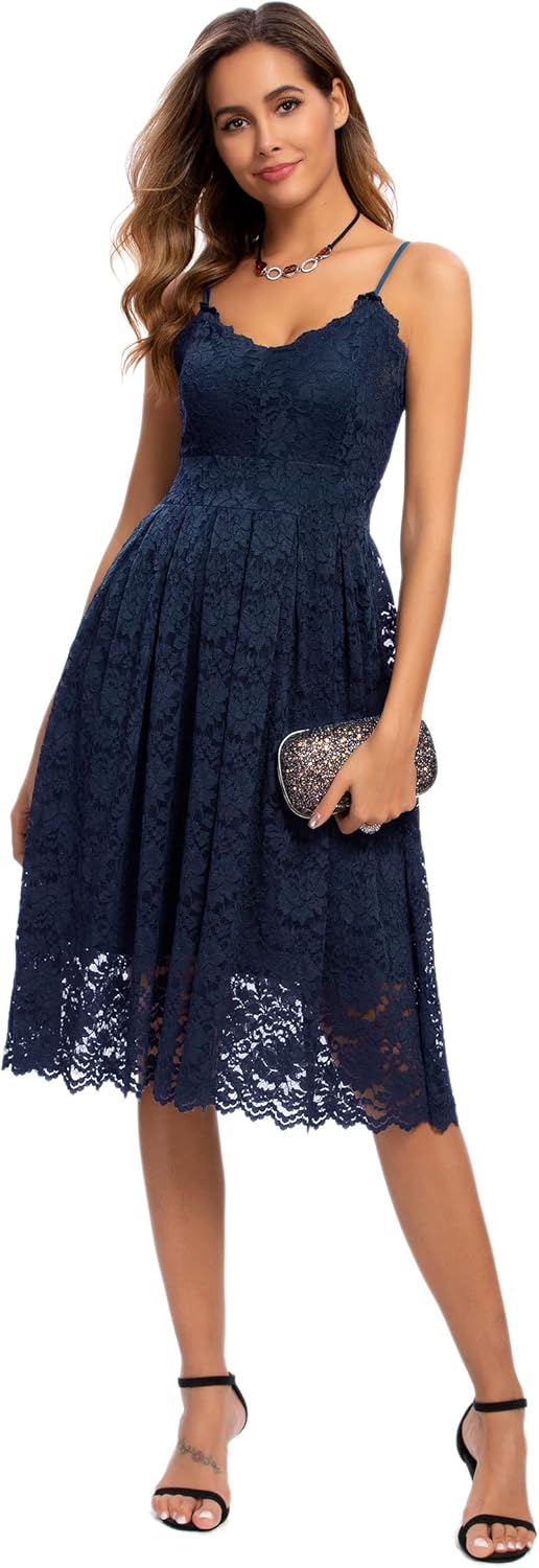 Atnlewhi Womens Spaghetti Strap V Neck Lace Evening Dress