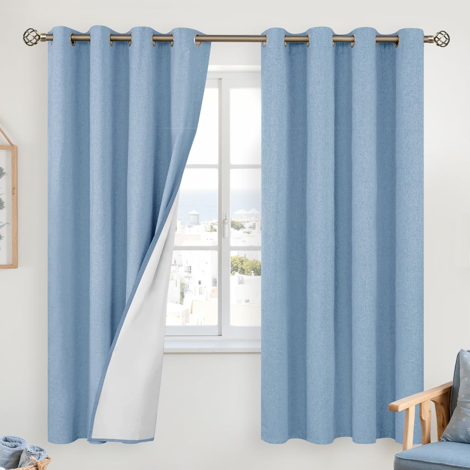 YoungsTex Denim Blue Linen Blackout Curtains for Full Room Darkening