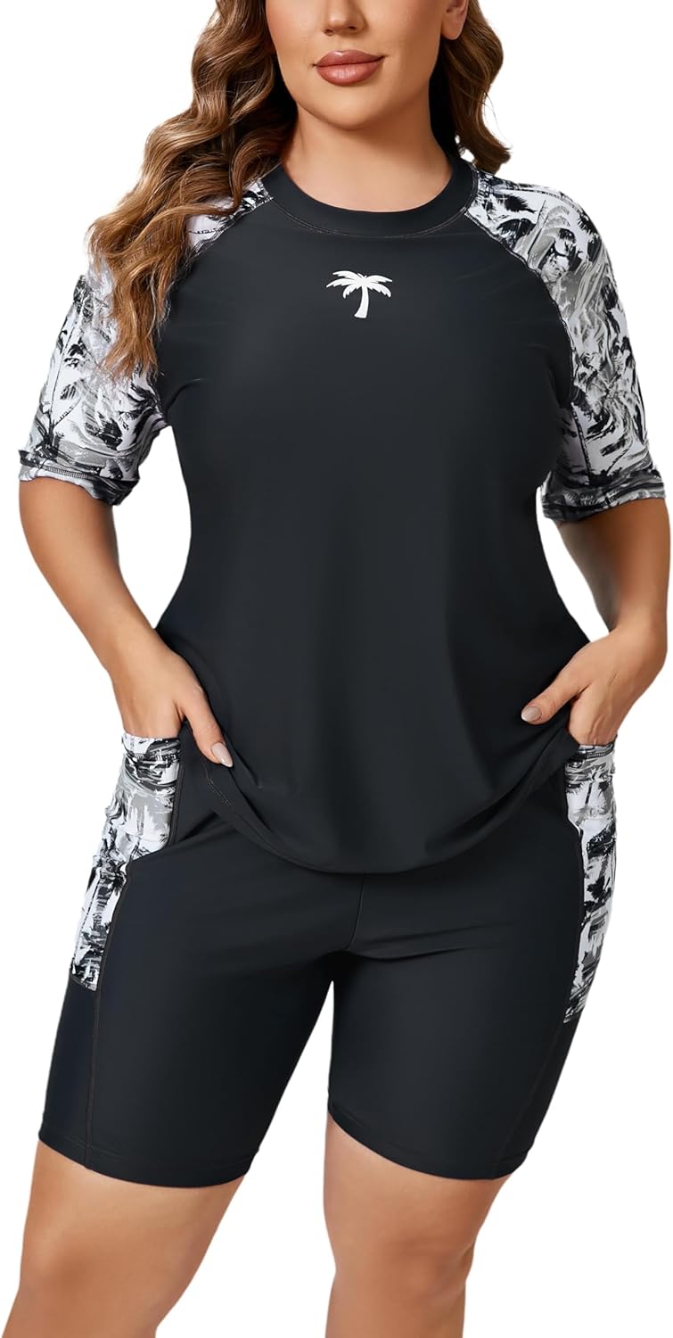 Halcurt Women's Plus Built in Bra Rash Guard Two Piece Set