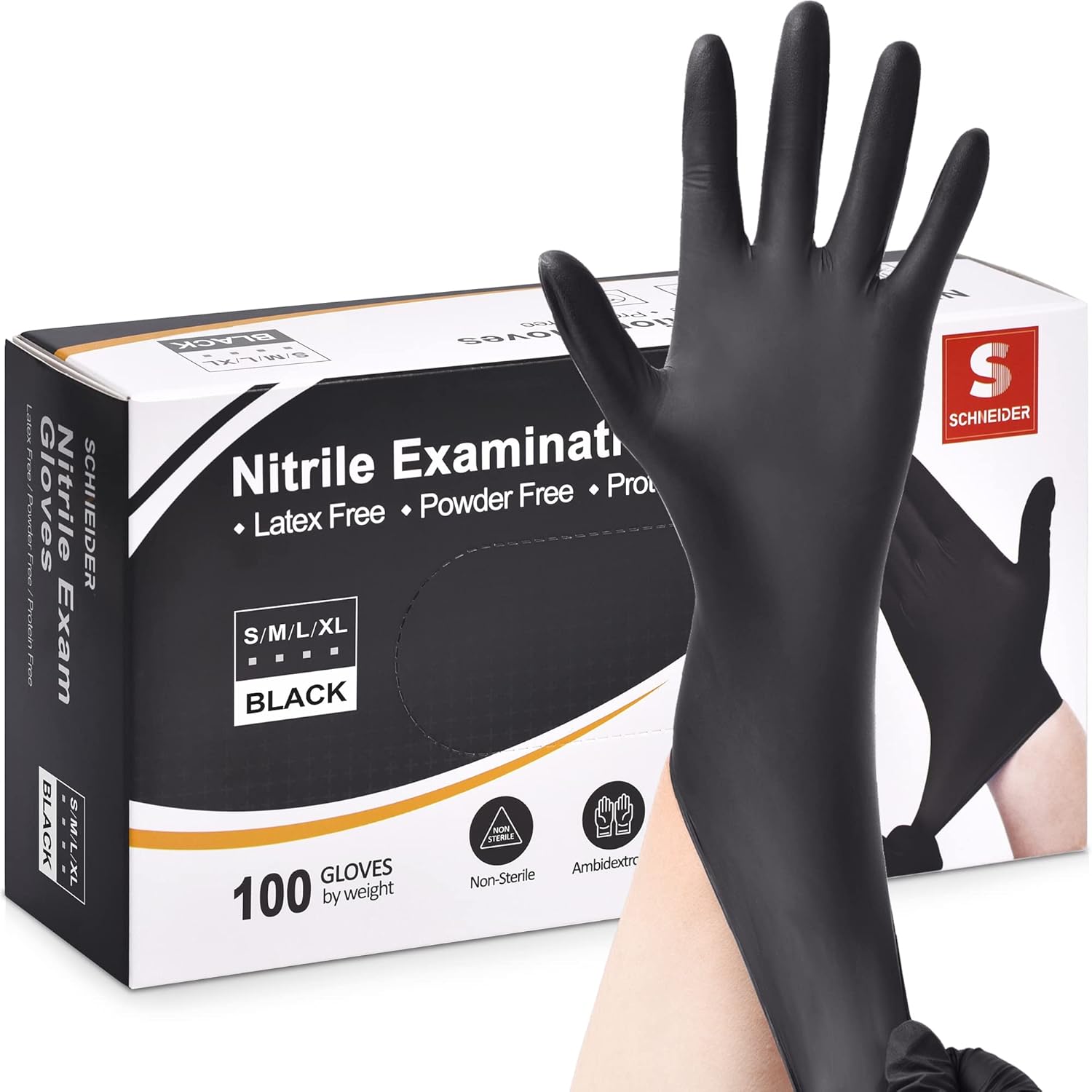 Schneider Black Nitrile Gloves, Medium, 100-ct Box