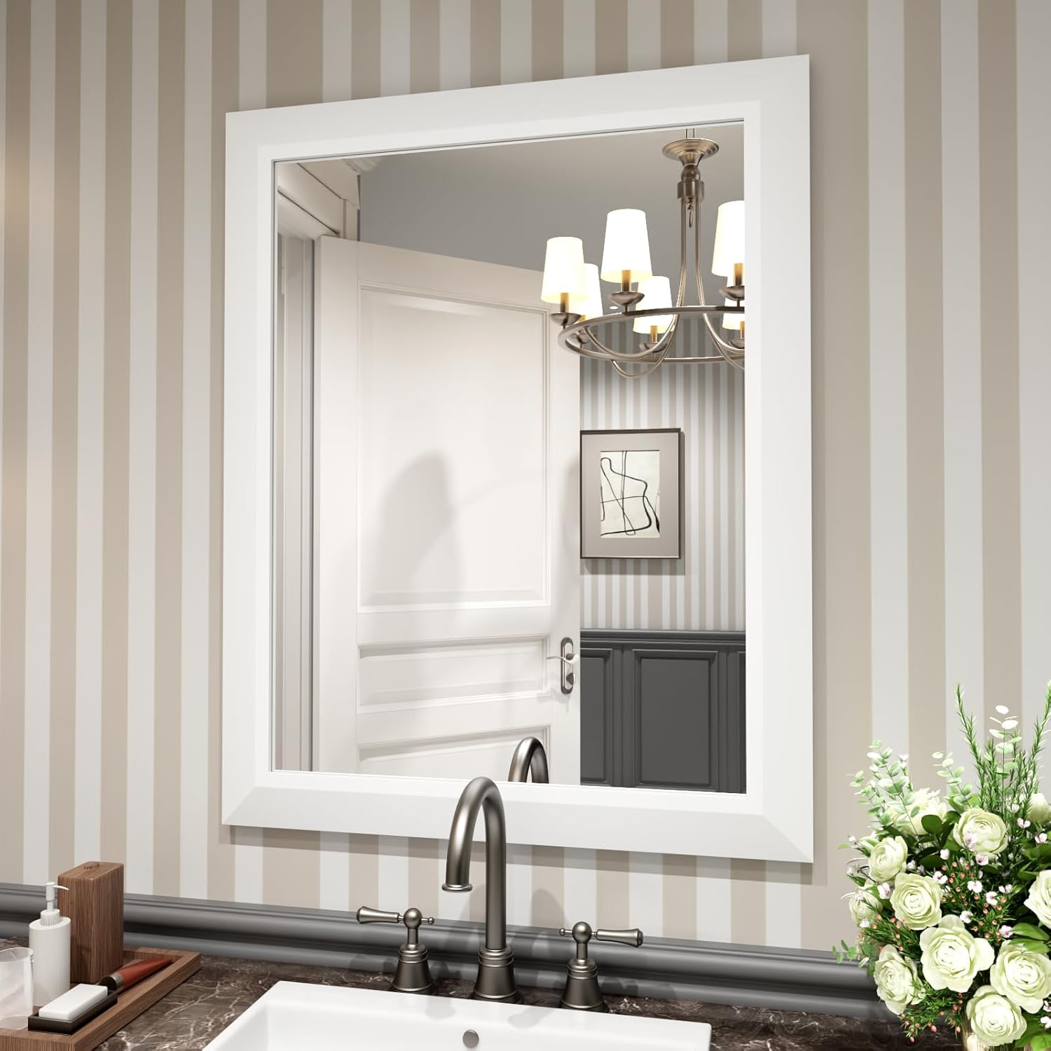 Amorho Bathroom Mirror 24x30 Inch Elegant Metal Framed Design