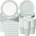Sage Green Gingham Paper Plates and Napkins Set - Party Tableware