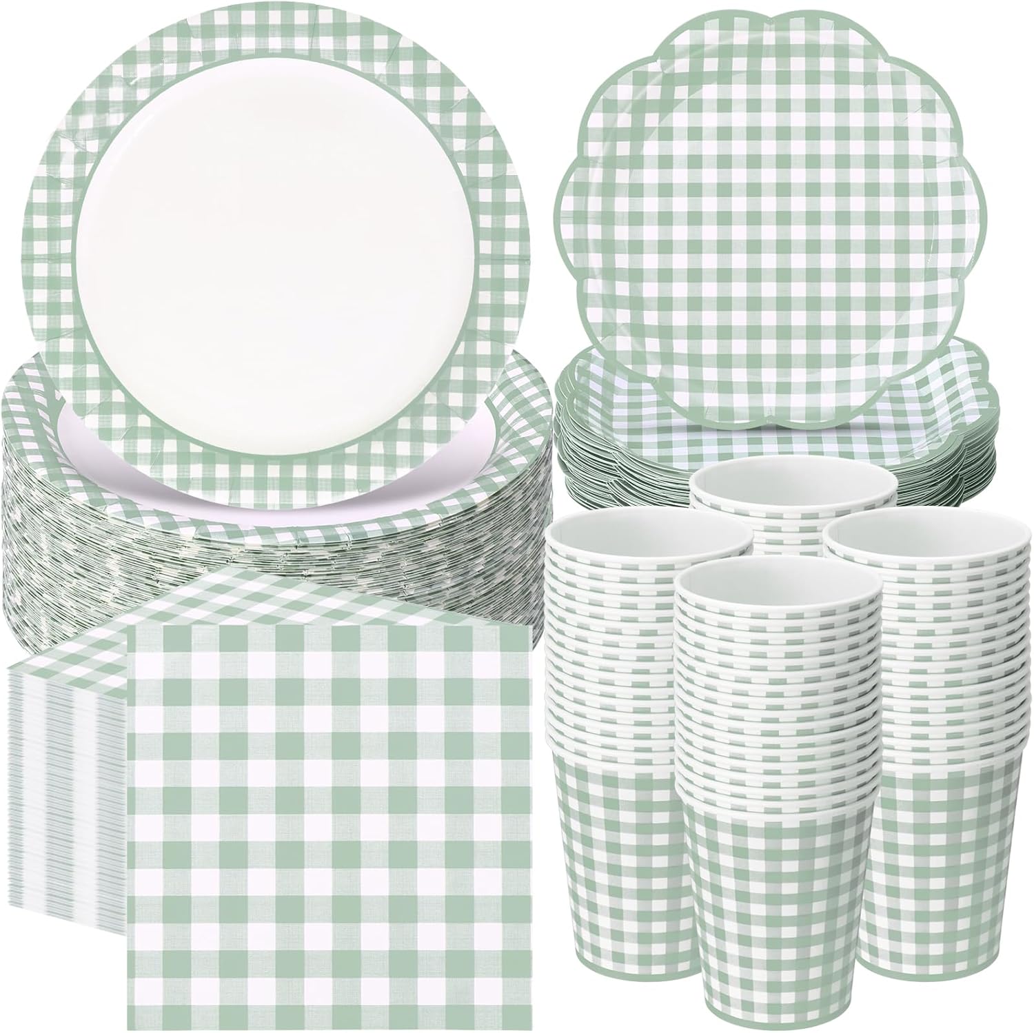 Sage Green Gingham Paper Plates and Napkins for Parties