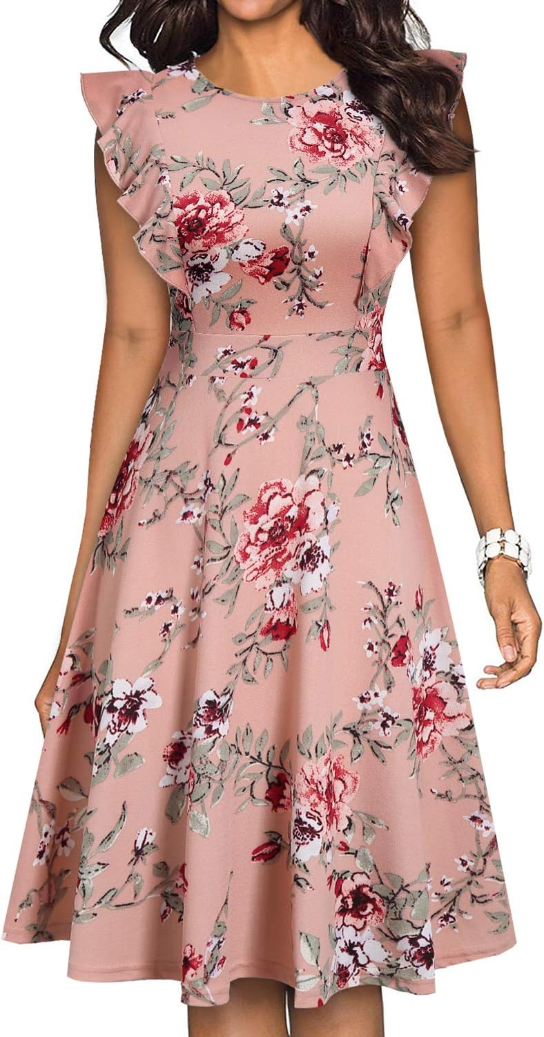 YATHON Women's Vintage Ruffle Floral A Line Swing Dress