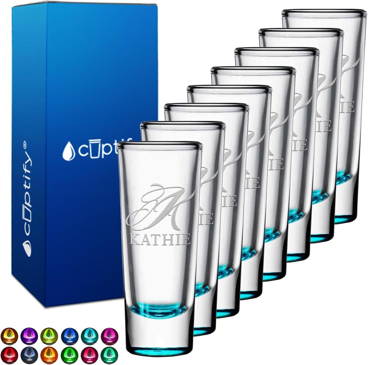 Personalized Shot Glasses Set of 8 with Elegant Teal Bottom