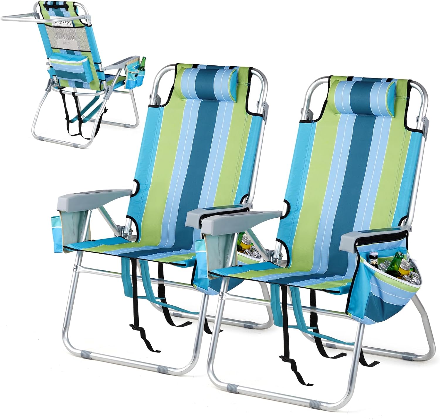 VINGLI Tall Beach Chair 2 Pack Lightweight with Cooler Bag