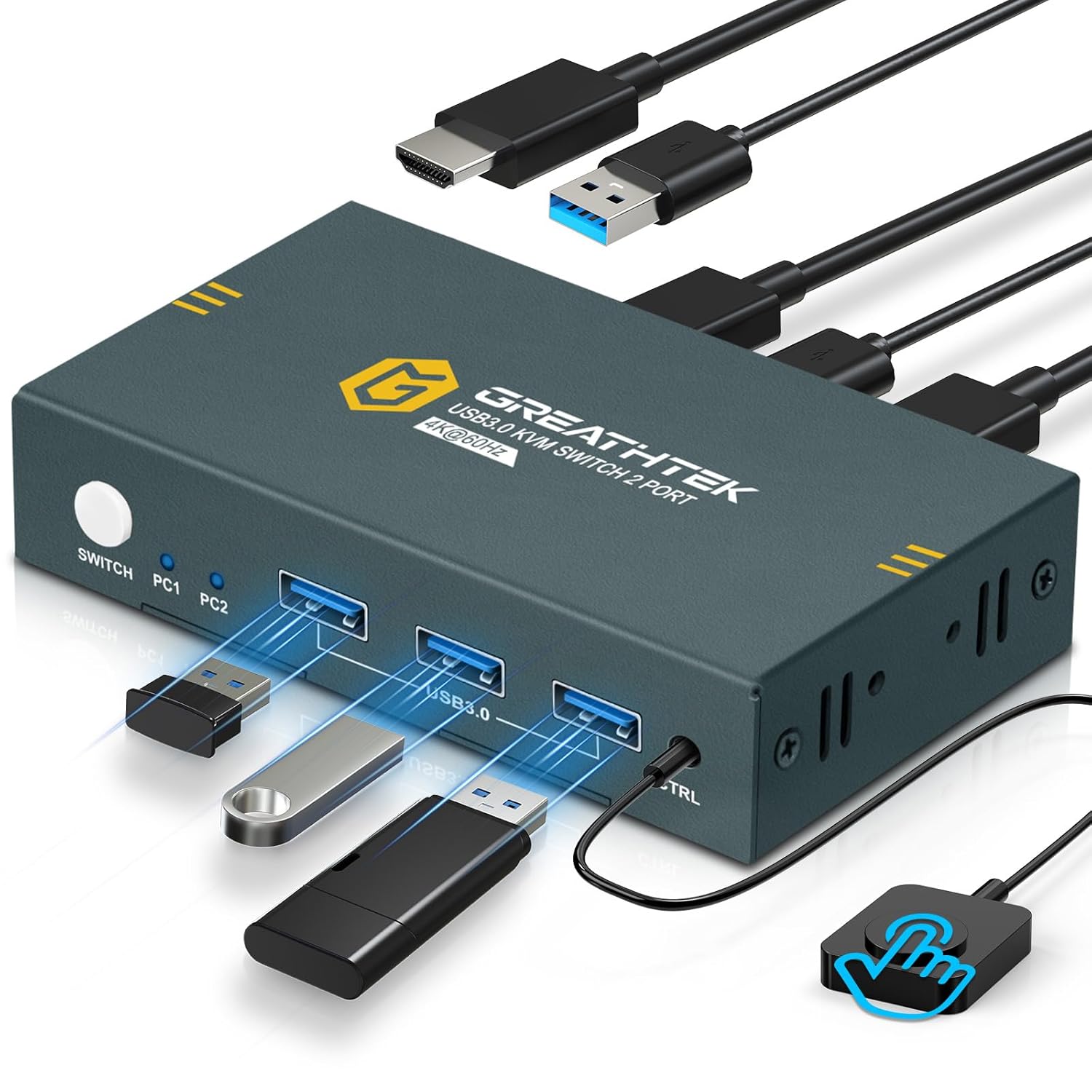 USB 3.0 KVM Switch 2 Port HDMI for 2 PCs and 1 Monitor