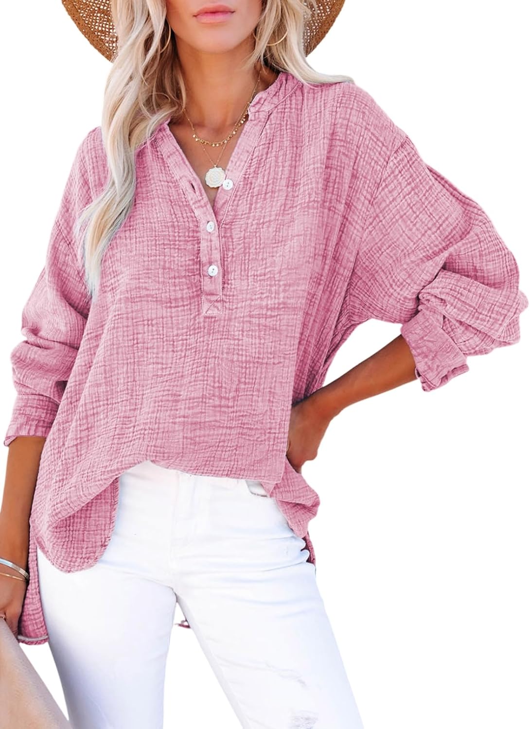 Dokotoo Womens Casual Button V Neck Long Sleeve Shirts Review