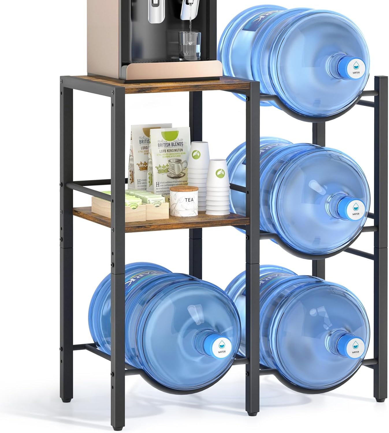 5 Gallon Water Jug Holder with Rustic Wood Storage Shelves