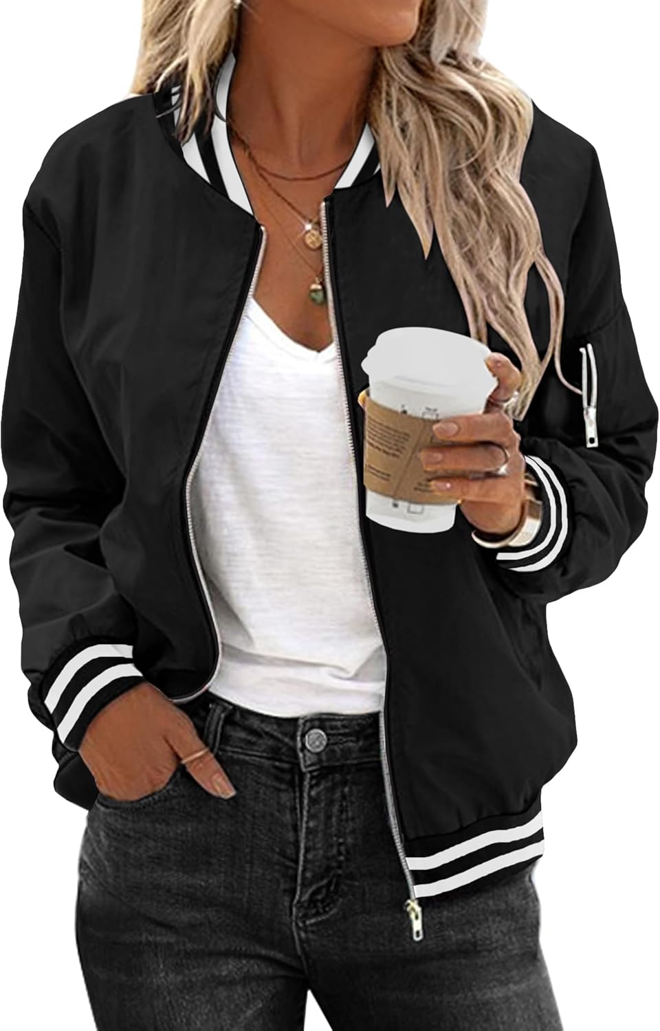 Stylish Women's Bomber Jacket Casual Zip Up Outerwear Coat