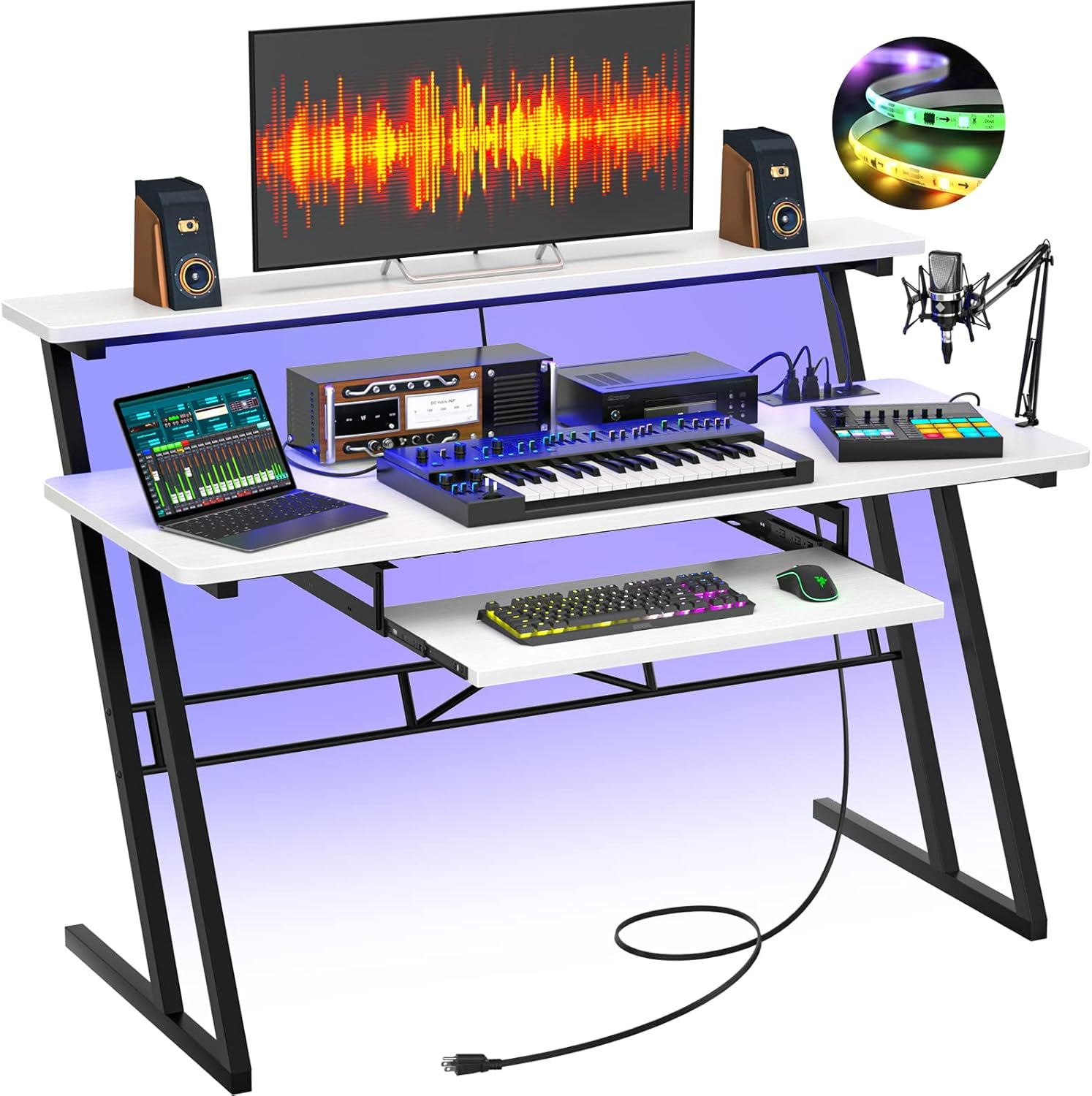 armocity Music Studio Desk with RGB LED Lights and Power Outlets