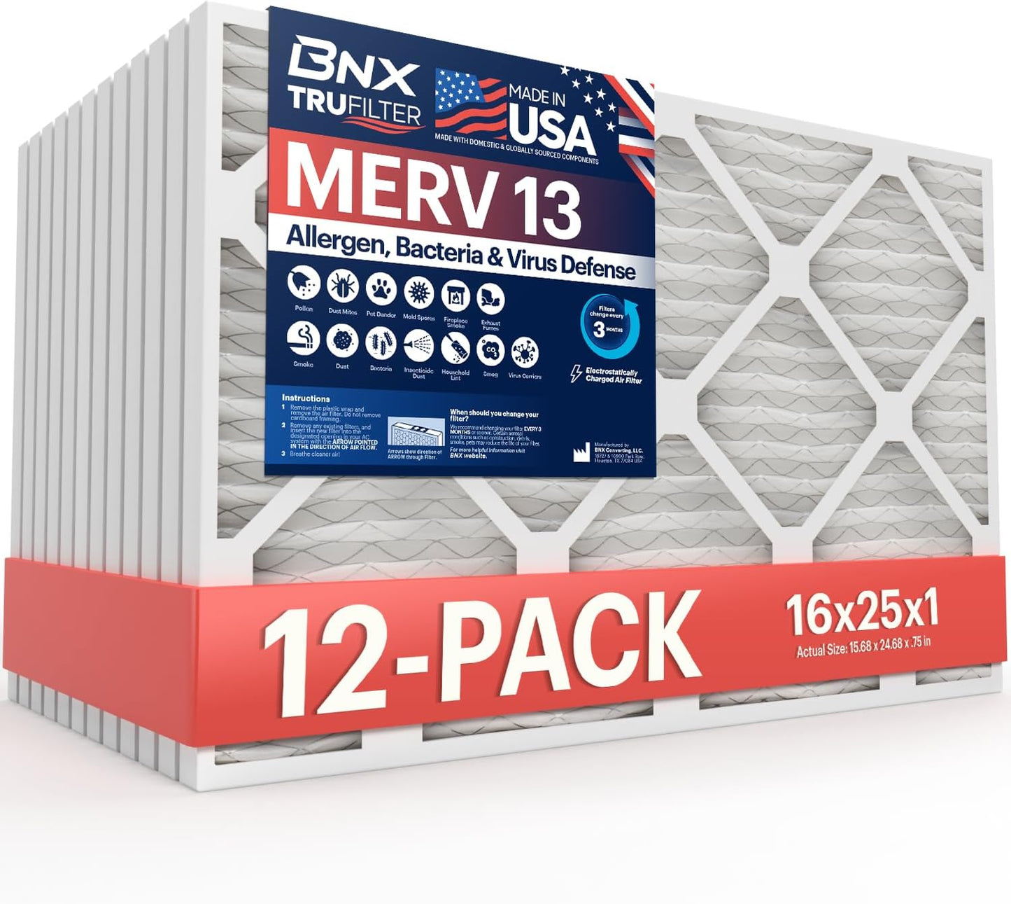 BNX TruFilter 16x25x1 MERV 13 Air Filters for HVAC Systems
