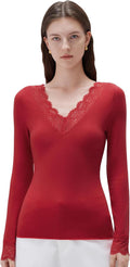 Cloud Cashmere Women V Boat Neck Lace Long Sleeve Top - Soft, Slim Fit