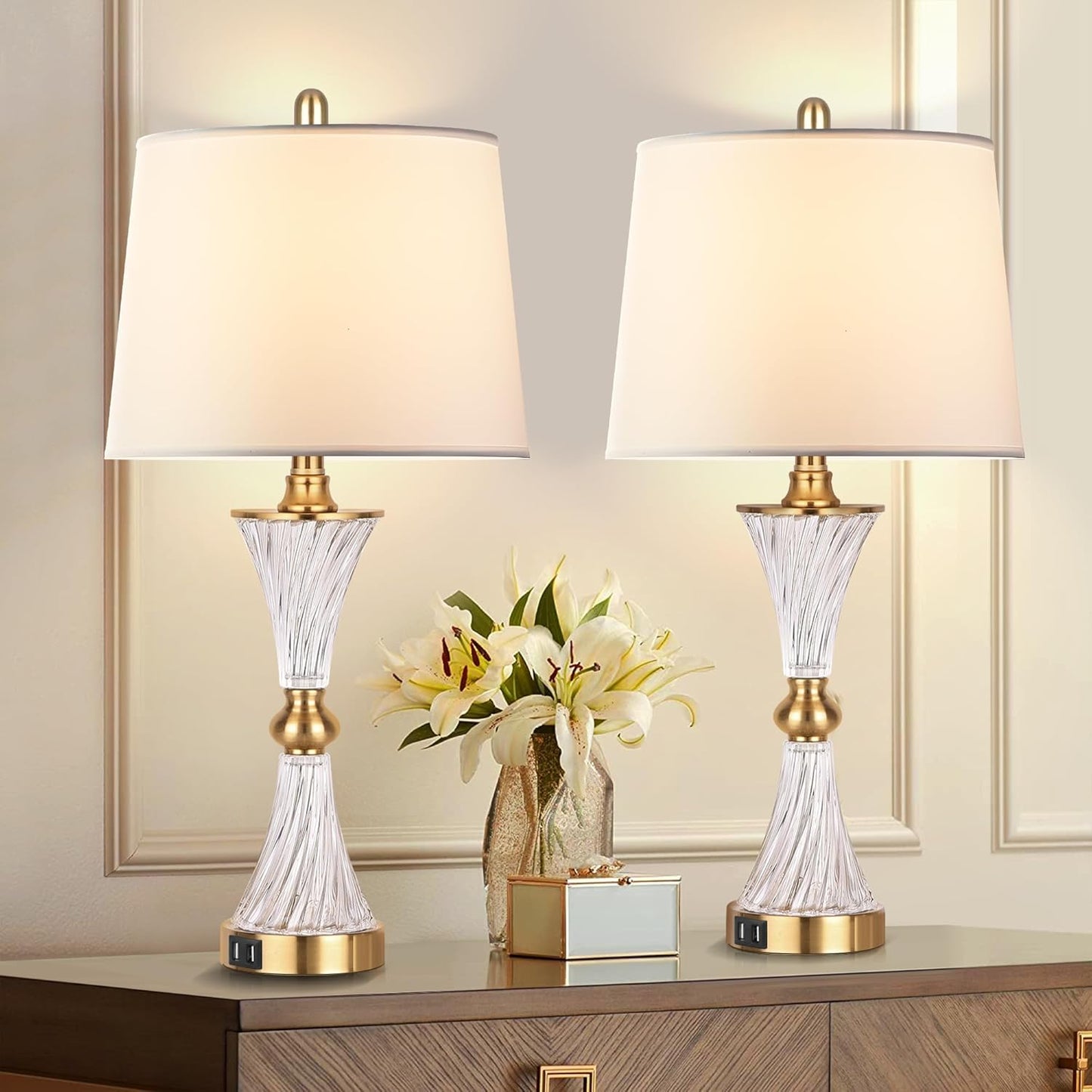 Touch Table Lamps for Bedroom Set of 2 with USB Ports