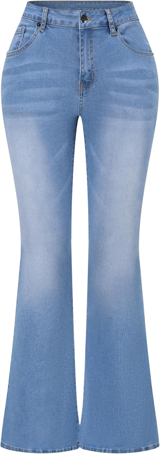 Womens Stretchy Mid Rise Flare Jeans Distressed Denim Pants