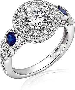 Platinum-Plated Sterling Silver Antique Round-Cut Ring with Sapphire