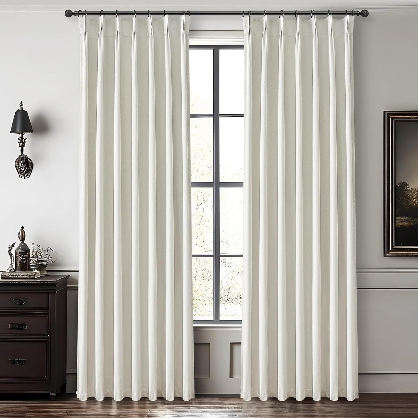 Beige White Linen Full Blackout Curtains for Living Room/Bedroom