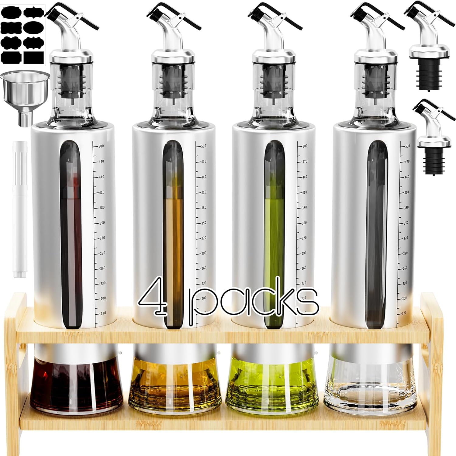Oil Dispenser Bottle Set with Shelf and Pourers for Kitchen Use