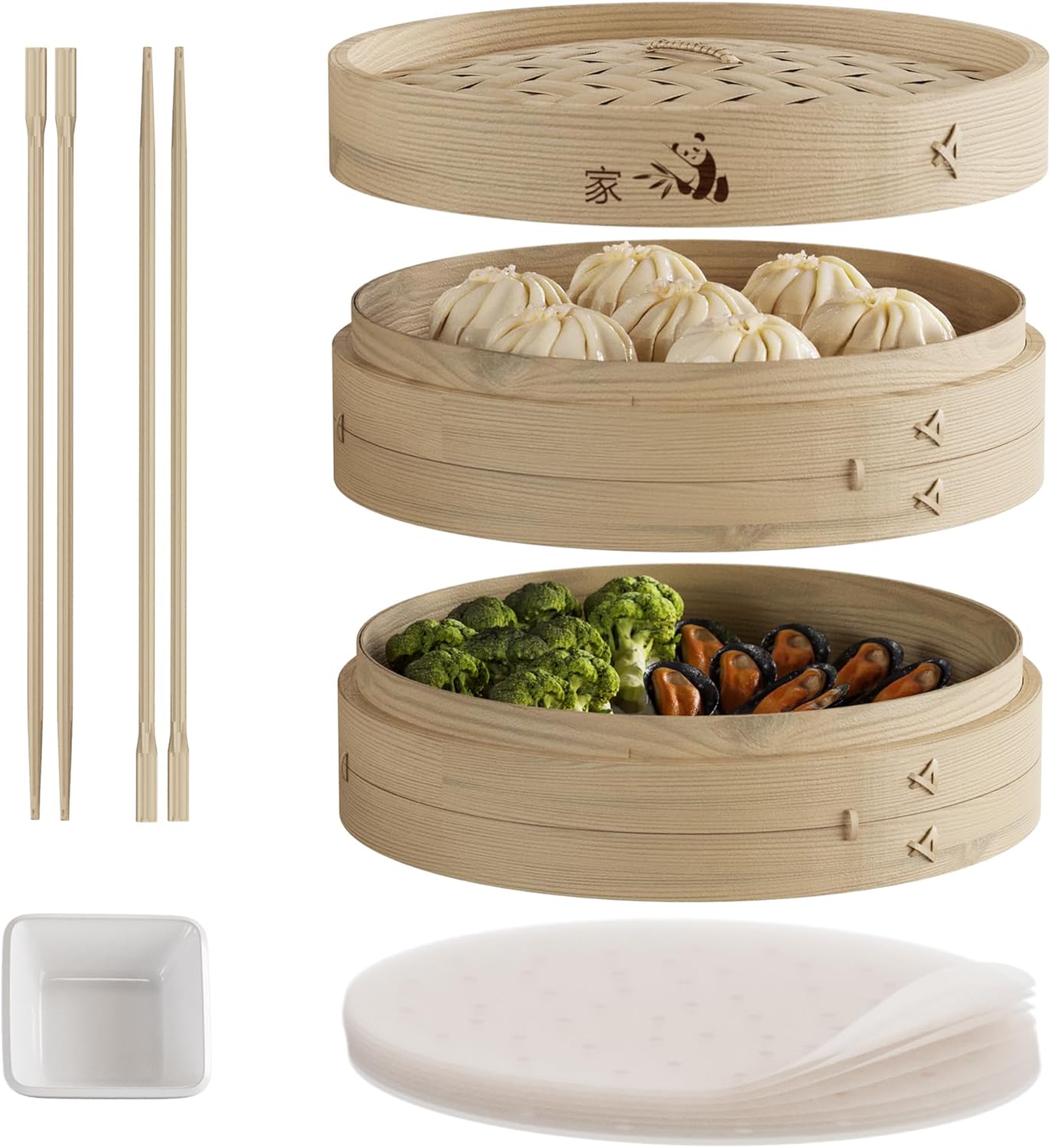2-Tier Bamboo Steamer | 10-inch | 50 Liners & Accessories