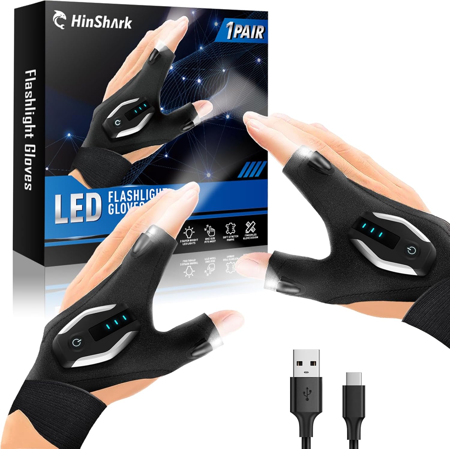 Rechargeable LED Flashlight Gloves for Him - Hinshark