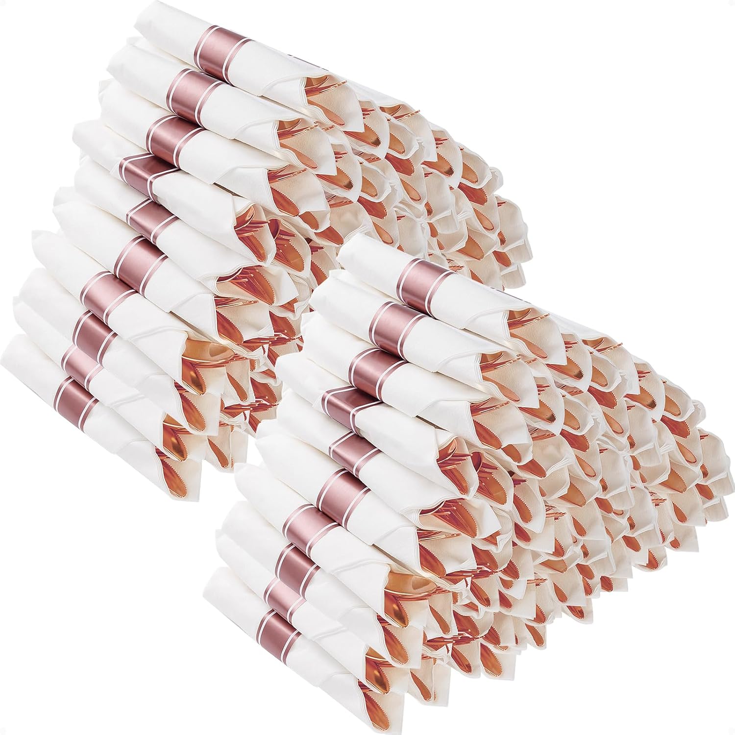 Pre Rolled Rose Gold Plastic Silverware Set for Elegant Events