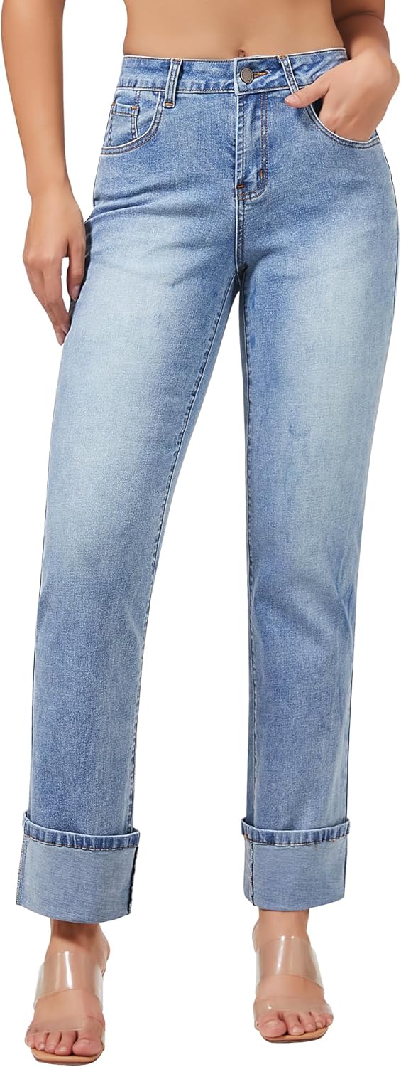 Roswear Womens Straight Leg Jeans High Waisted Boyfriend Style